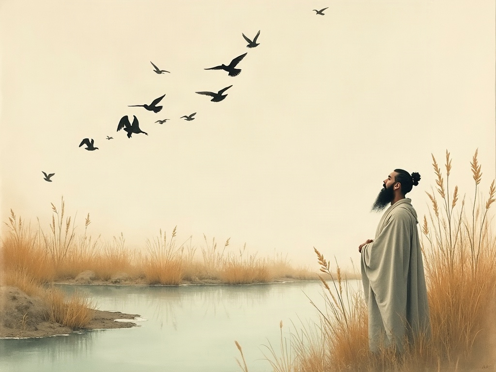 A painterly minimalist scene of an ancient philosopher watching birds disappear into an autumn sky