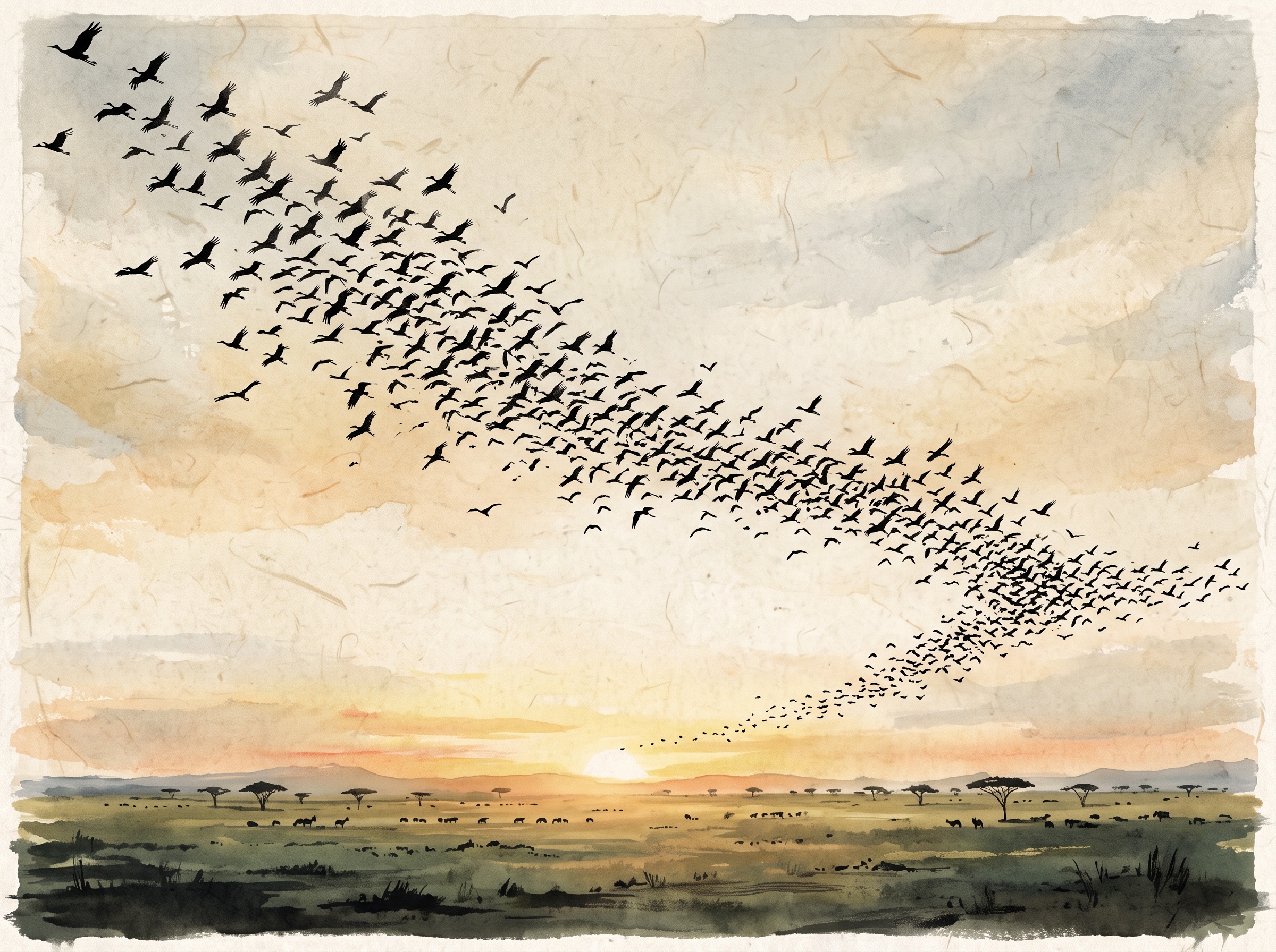 A painterly minimalist scene of a flock of storks in formation crossing the sky above a distant African savanna