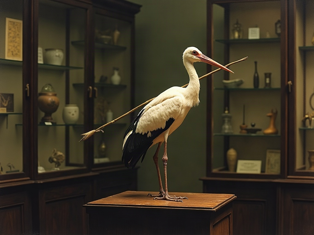 A painterly minimalist scene of a mounted taxidermy stork with a spear through its neck in a dim museum collection