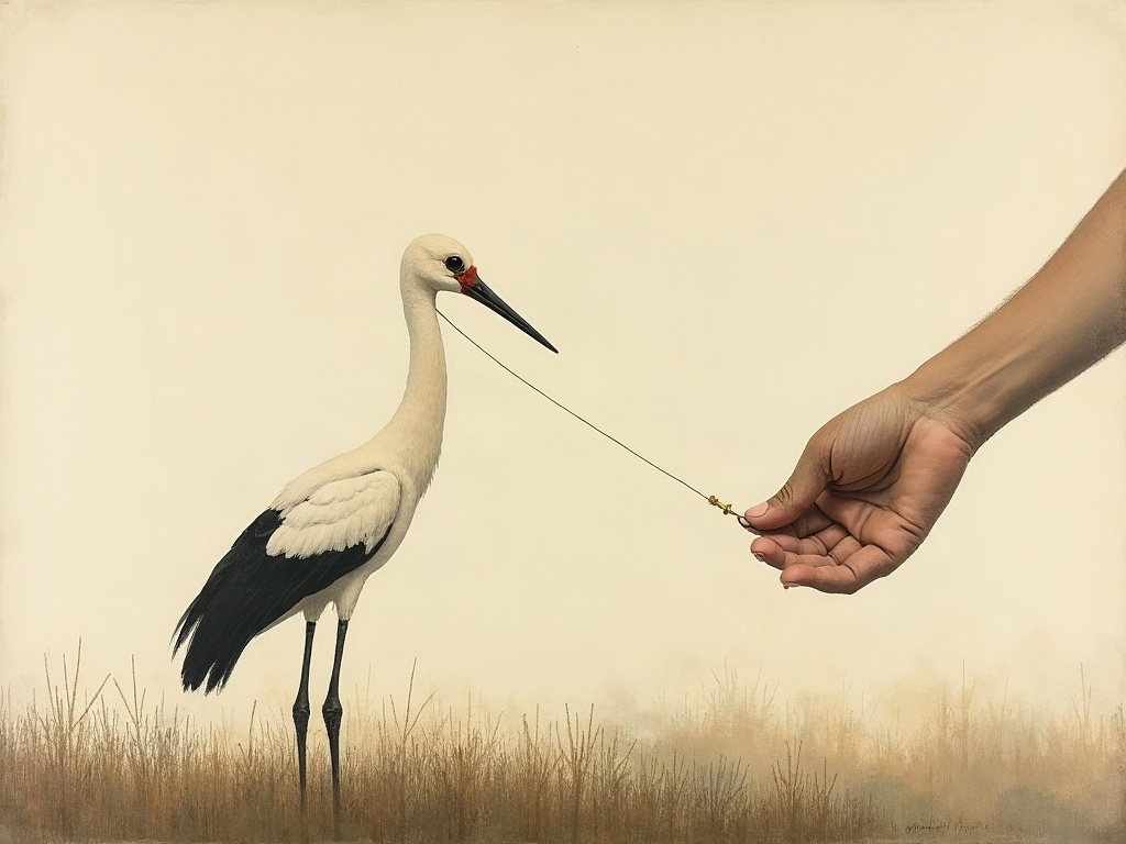 A painterly minimalist scene of a hand fitting a small numbered ring to the leg of a calm stork at dawn