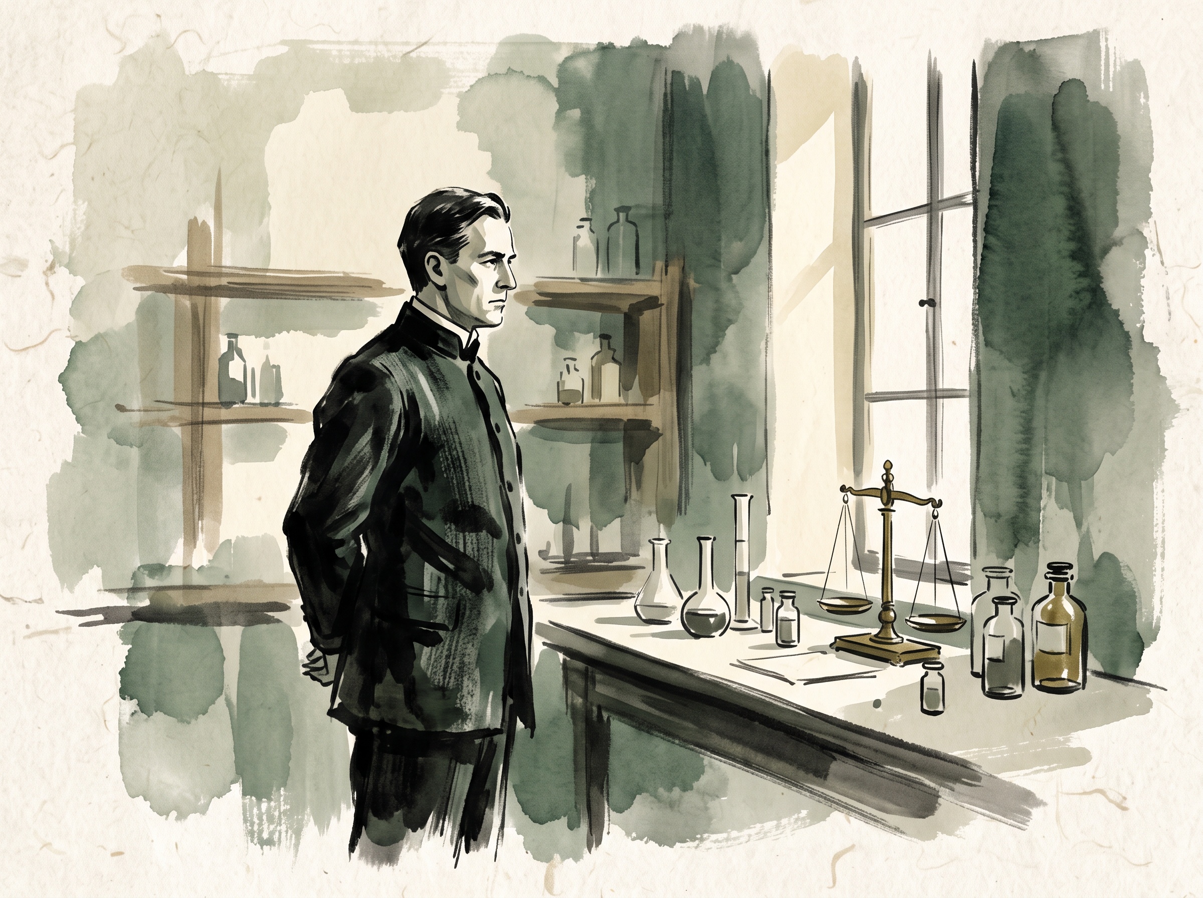 Painterly illustration of a turn-of-the-century chemist standing among glass flasks and scales in a sunlit laboratory