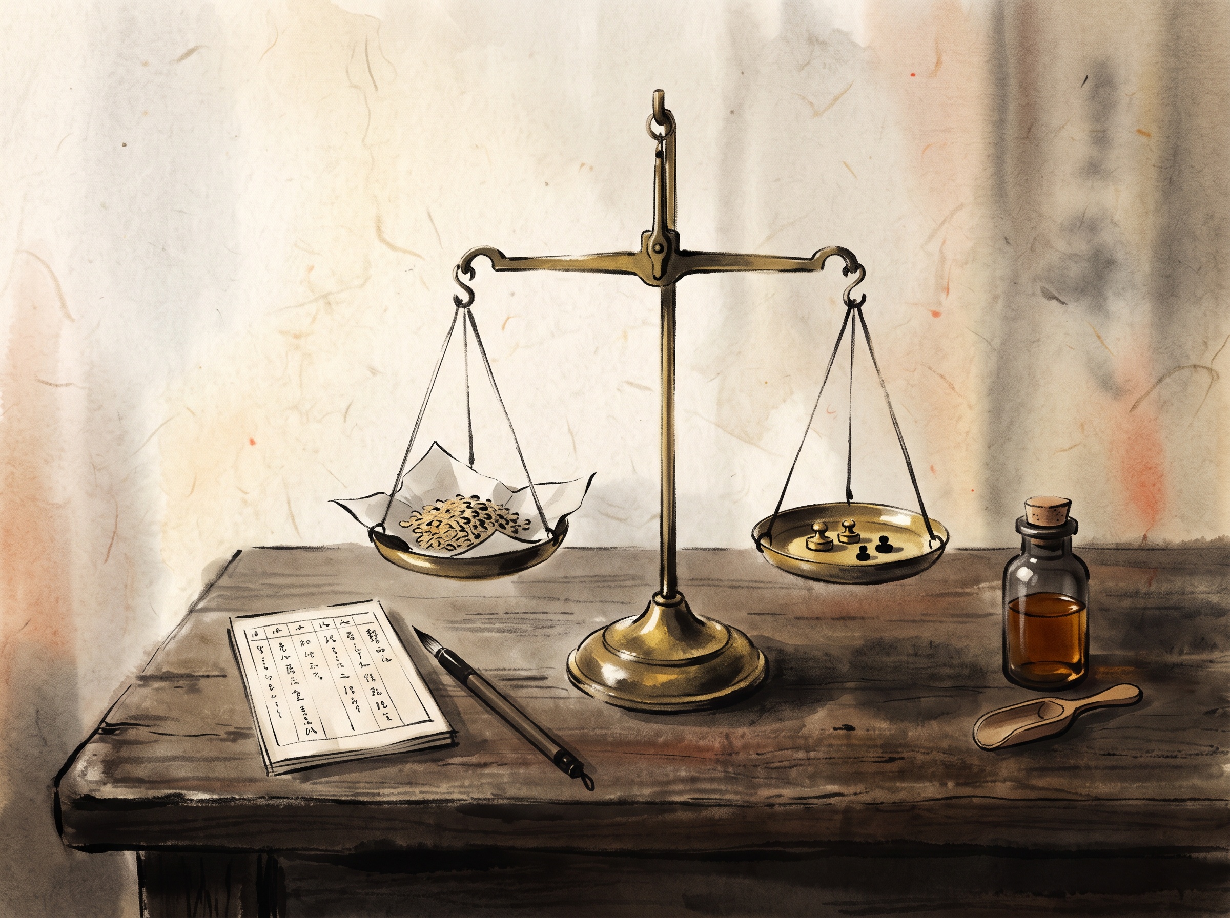 Illustration of a brass balance scale weighing food beside a handwritten ledger and a measuring bottle