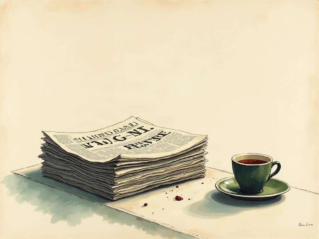 Illustration of folded turn-of-the-century newspapers on a cafe table with a coffee cup