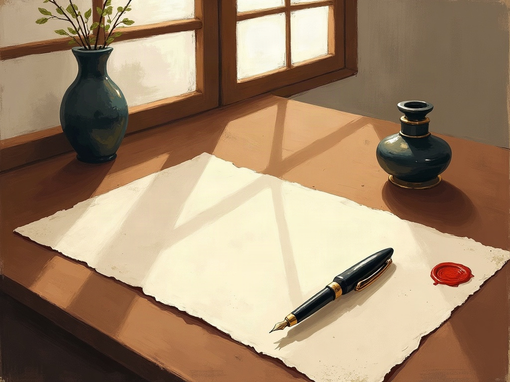 Illustration of a sealed official document with a fountain pen resting on it in morning light