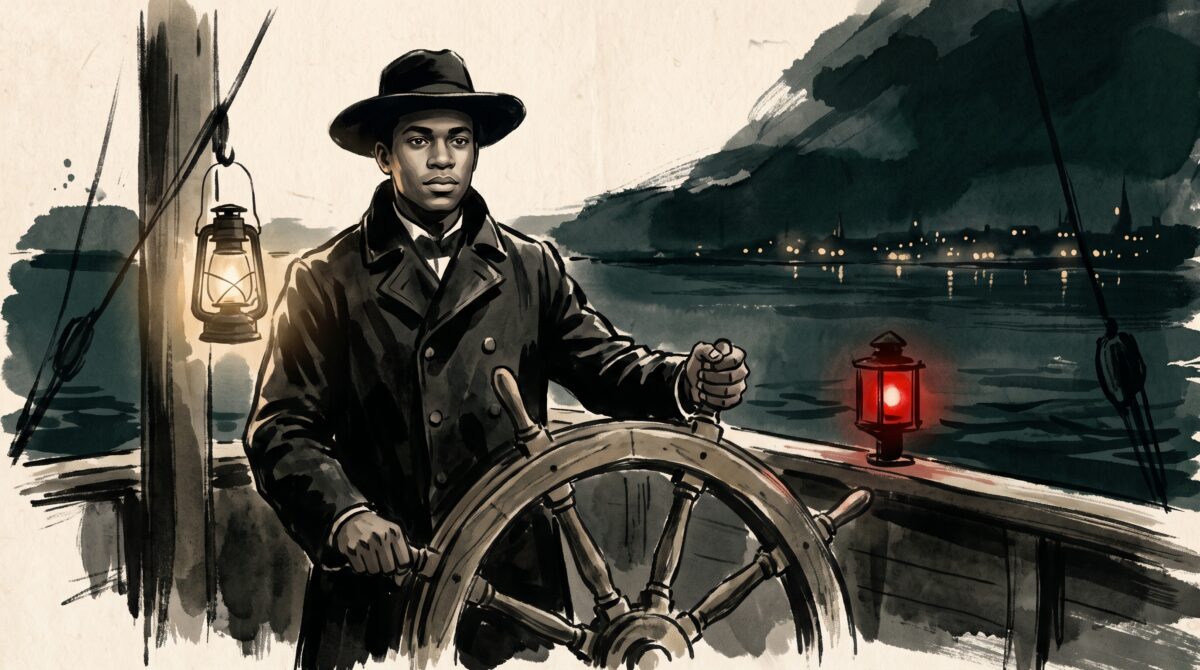 A painterly minimalist scene of a Black man at the wheel of a steamship at night, lit by a low lantern, a city glowing on the dark water behind him