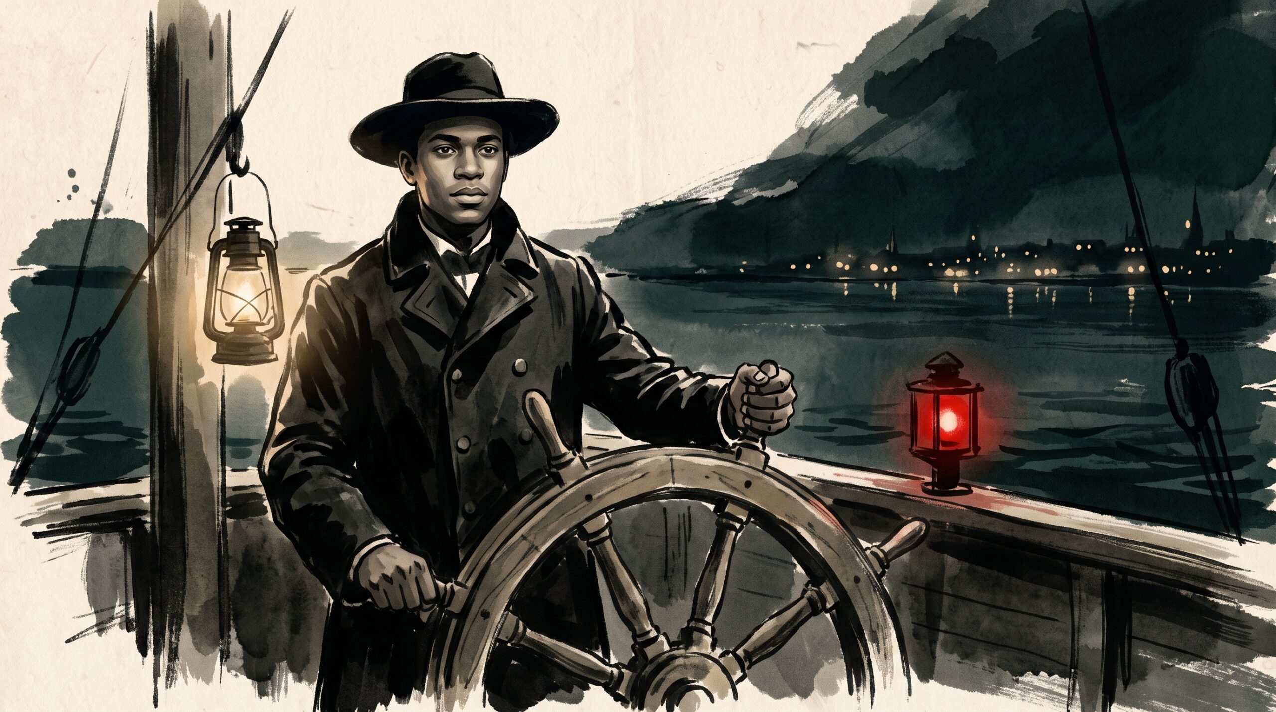 A painterly minimalist scene of a Black man at the wheel of a steamship at night, lit by a low lantern, a city glowing on the dark water behind him