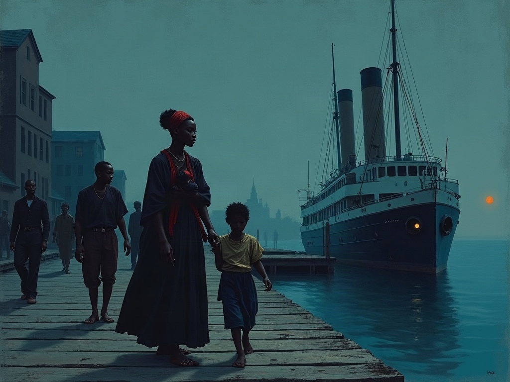 A painterly minimalist scene of enslaved men, women and children quietly boarding a steamship at a dark wharf before dawn