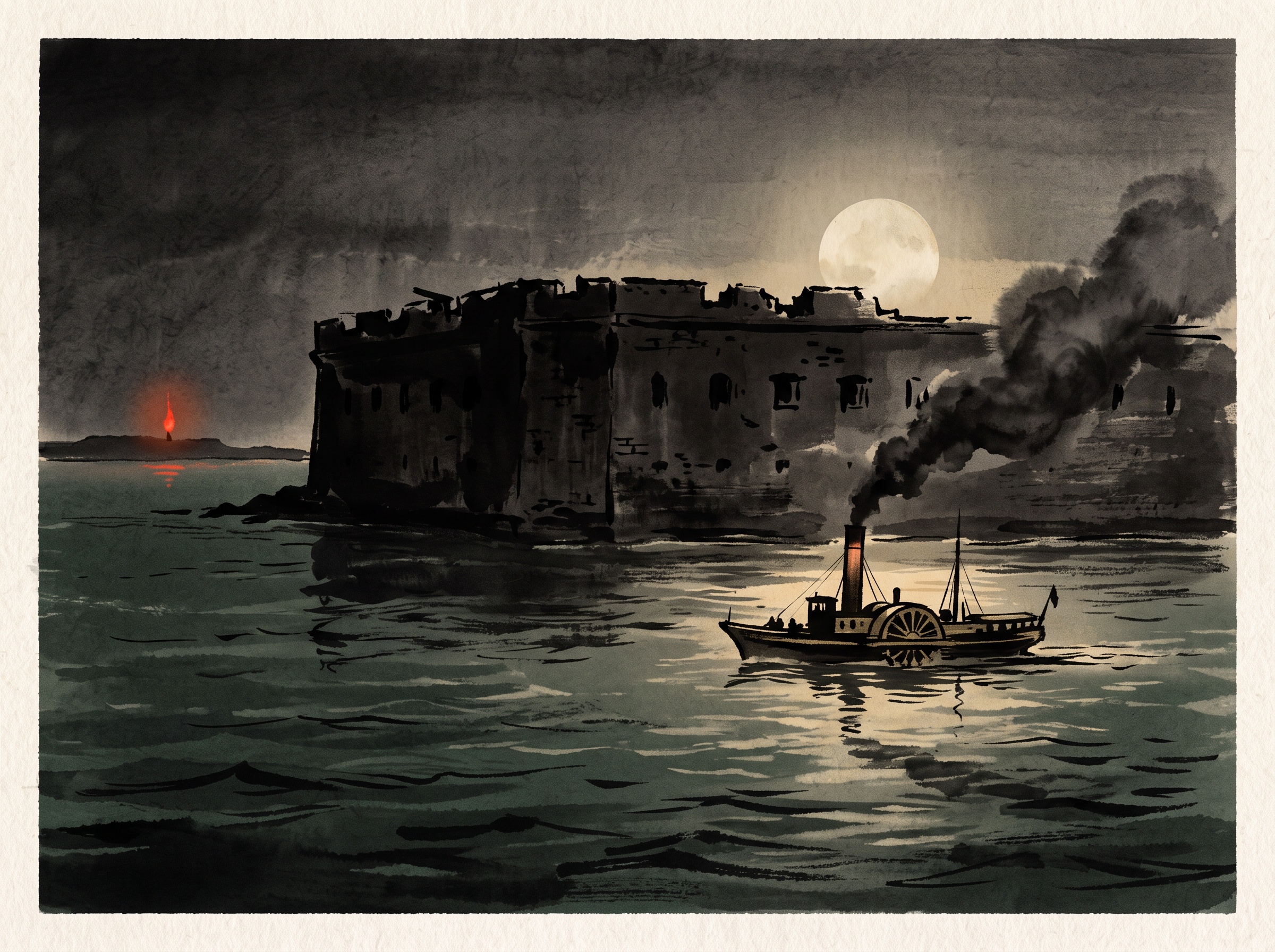 A painterly minimalist scene of a small steamship passing the dark silhouette of a brick harbor fort under a low full moon