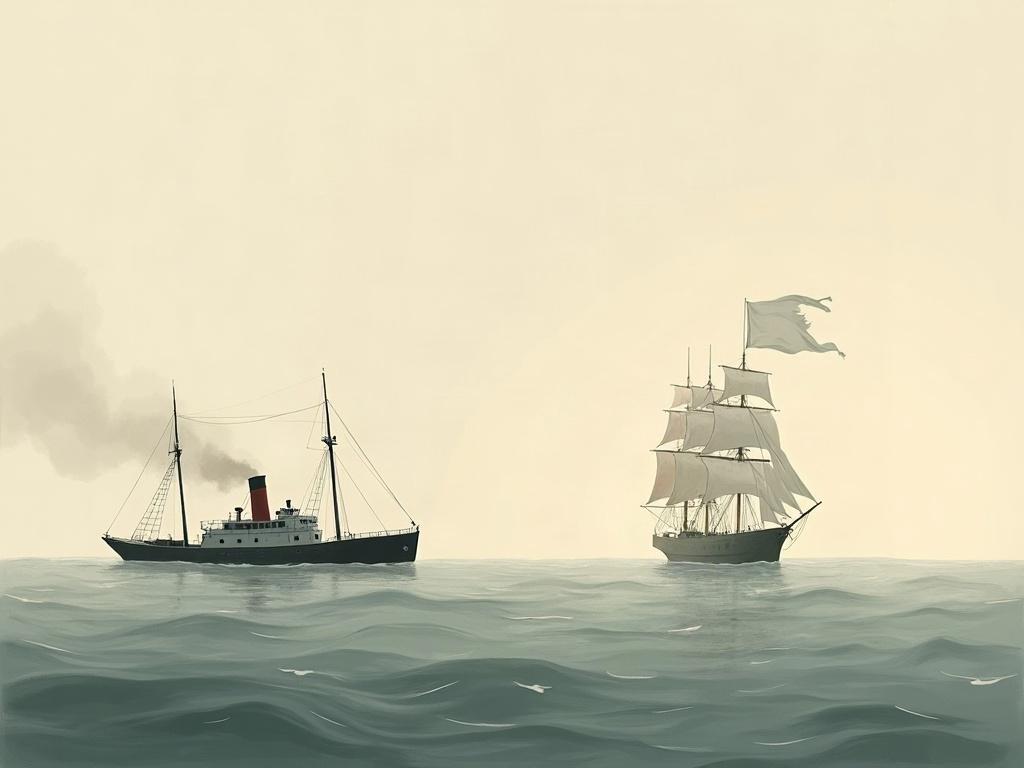A painterly minimalist scene of a steamship flying a white bedsheet as a surrender flag approaching a Union warship at dawn