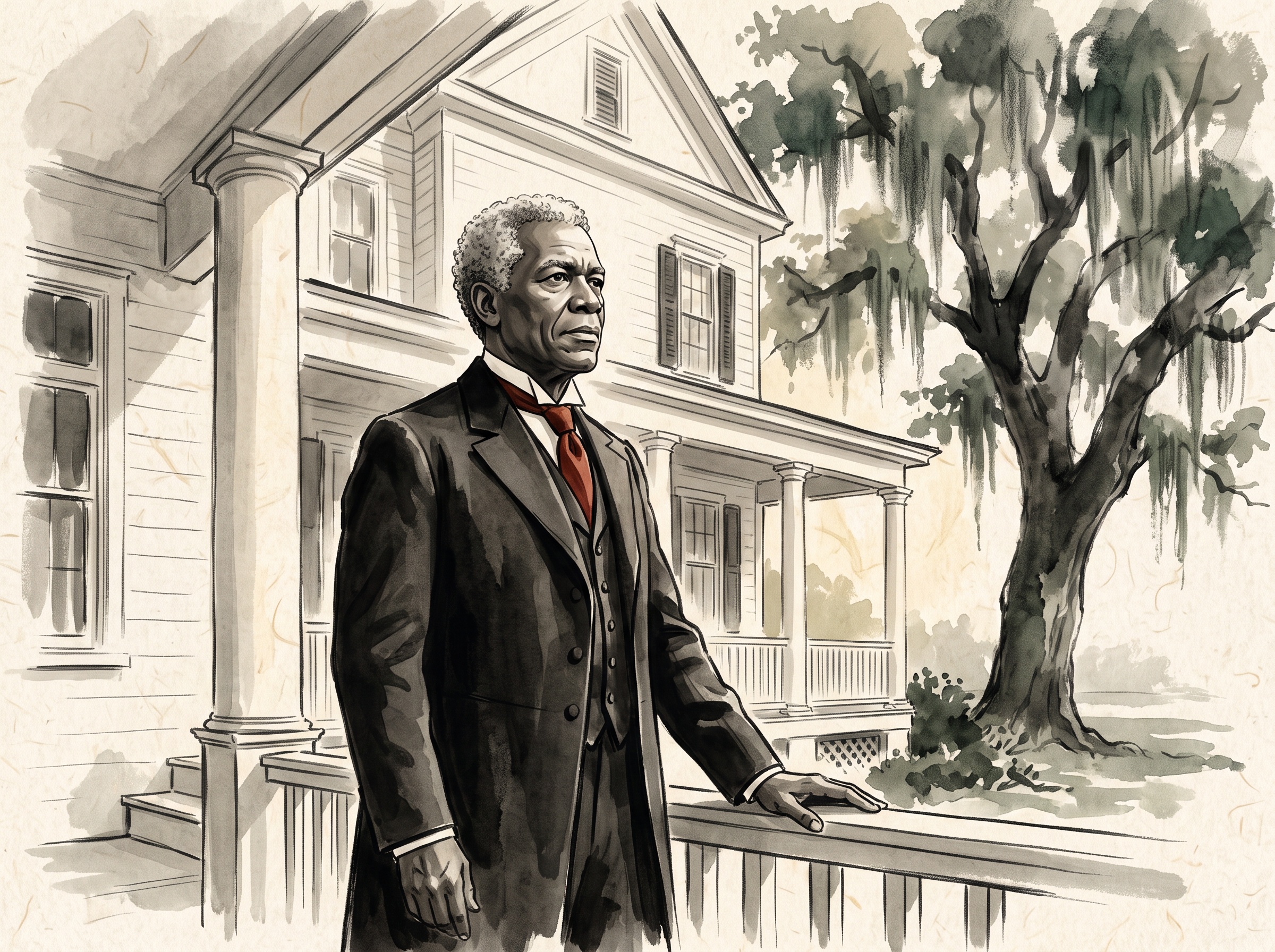 A painterly minimalist scene of a dignified older Black man in a formal frock coat standing on the porch of a fine white house