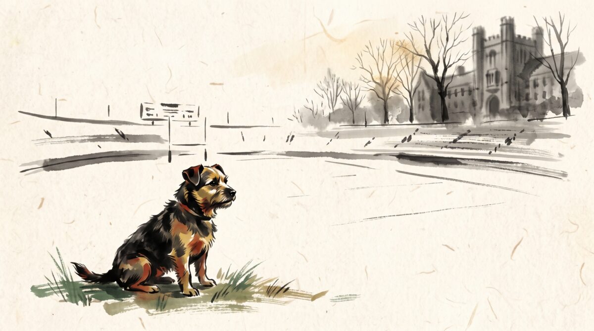 Painterly illustration of a small short-tailed stray dog sitting alert at the edge of an empty college football field under soft autumn light