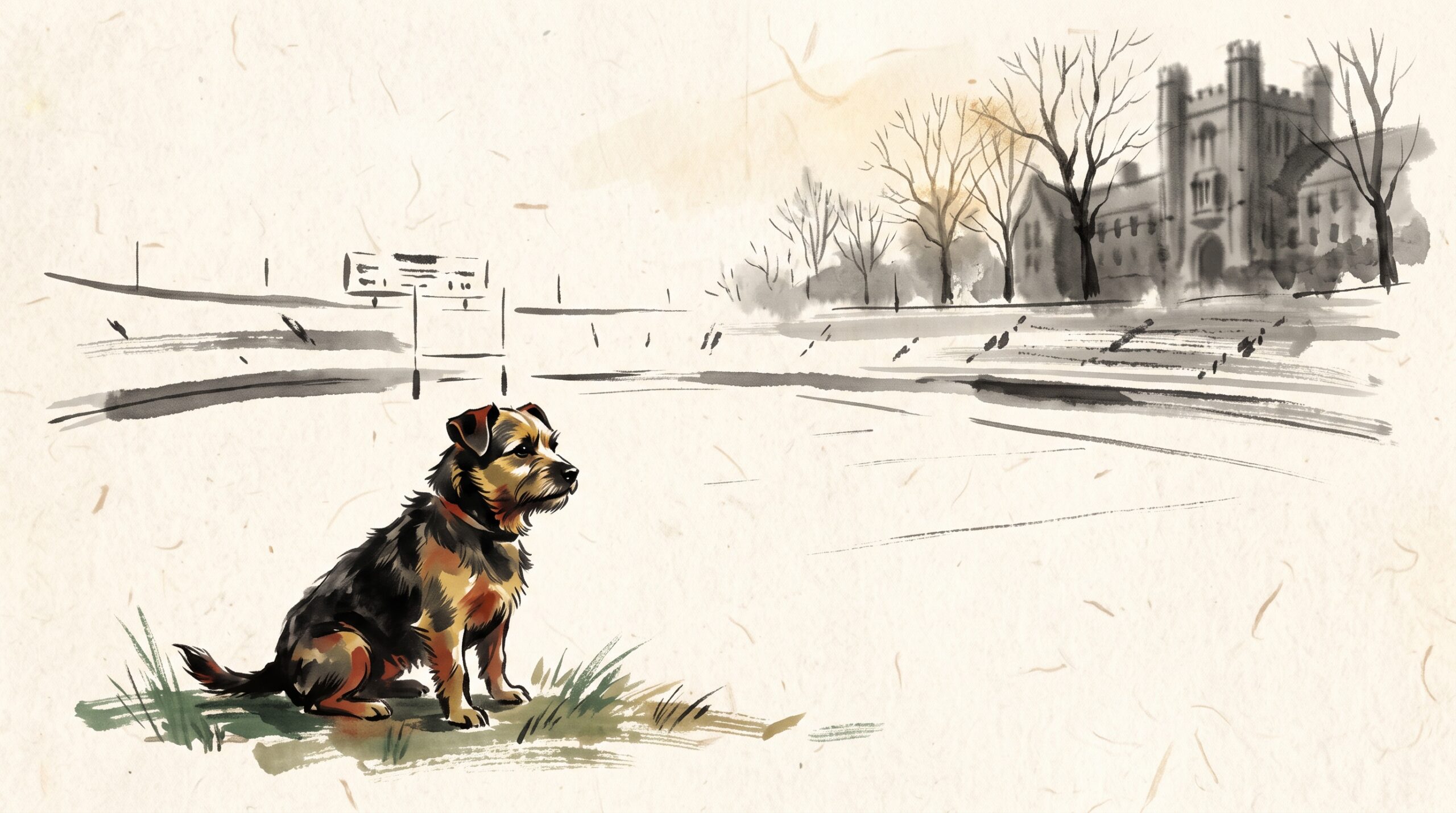 Painterly illustration of a small short-tailed stray dog sitting alert at the edge of an empty college football field under soft autumn light