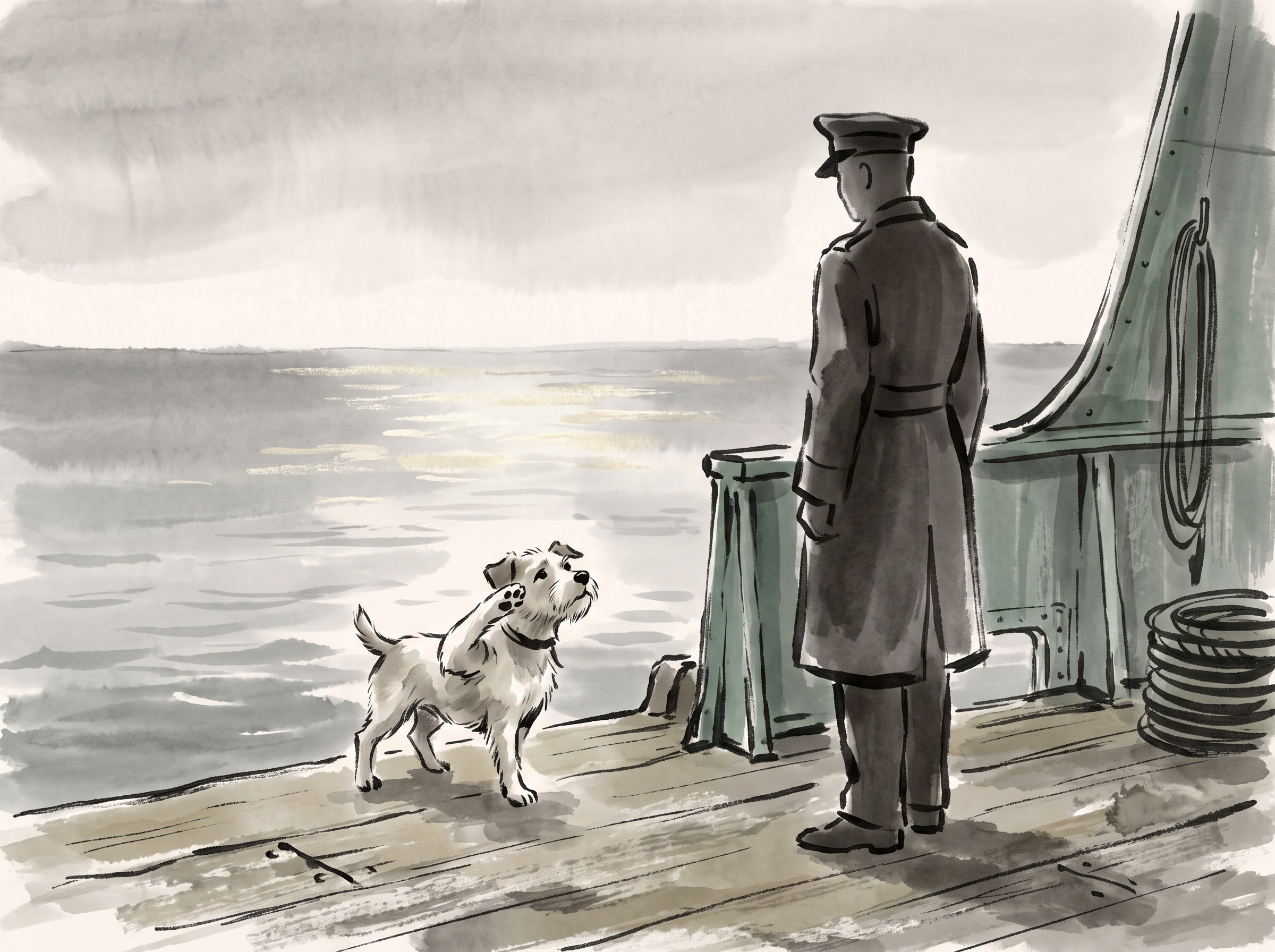 Illustration of a small short-tailed dog lifting a paw in salute toward a uniformed figure on the deck of a troop ship at sea