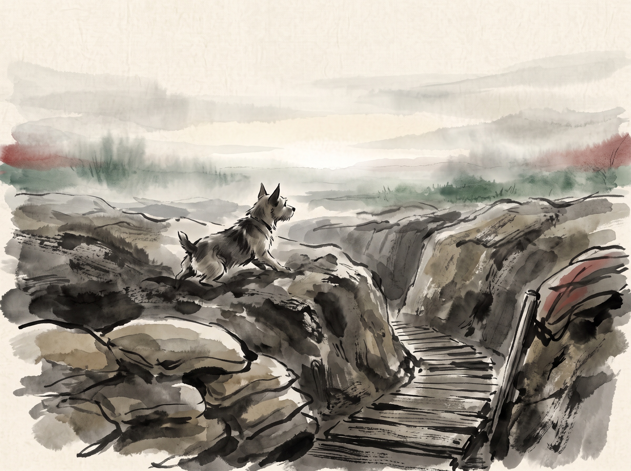Illustration of a small short-tailed dog crouched alert in a muddy winding trench at dawn, ears pricked toward a hazy pale sky