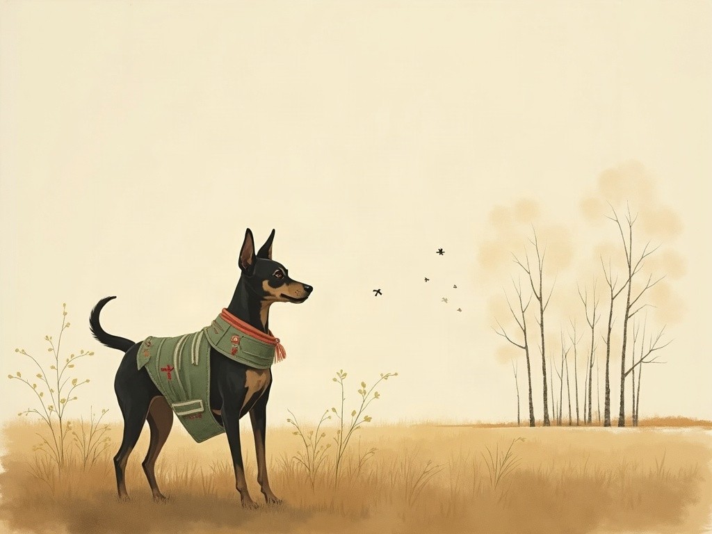 Illustration of a small short-tailed dog standing proudly in a quiet field wearing a worn decorated blanket over its back in soft spring light