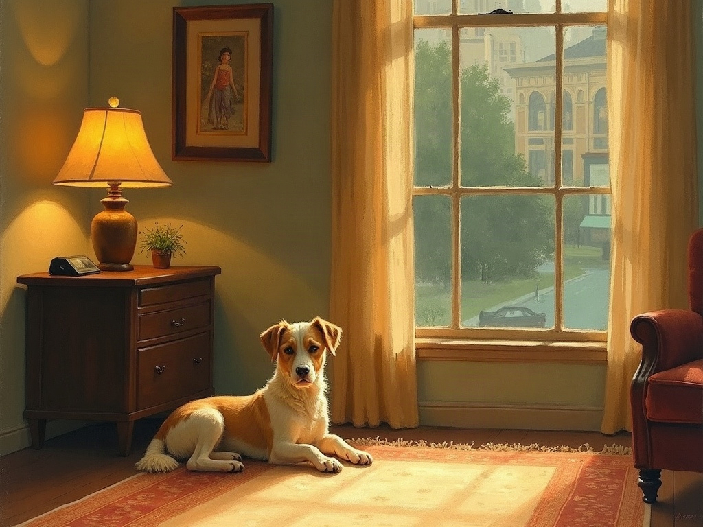 Illustration of a small short-tailed dog resting peacefully in a warm lamplit 1920s American parlor