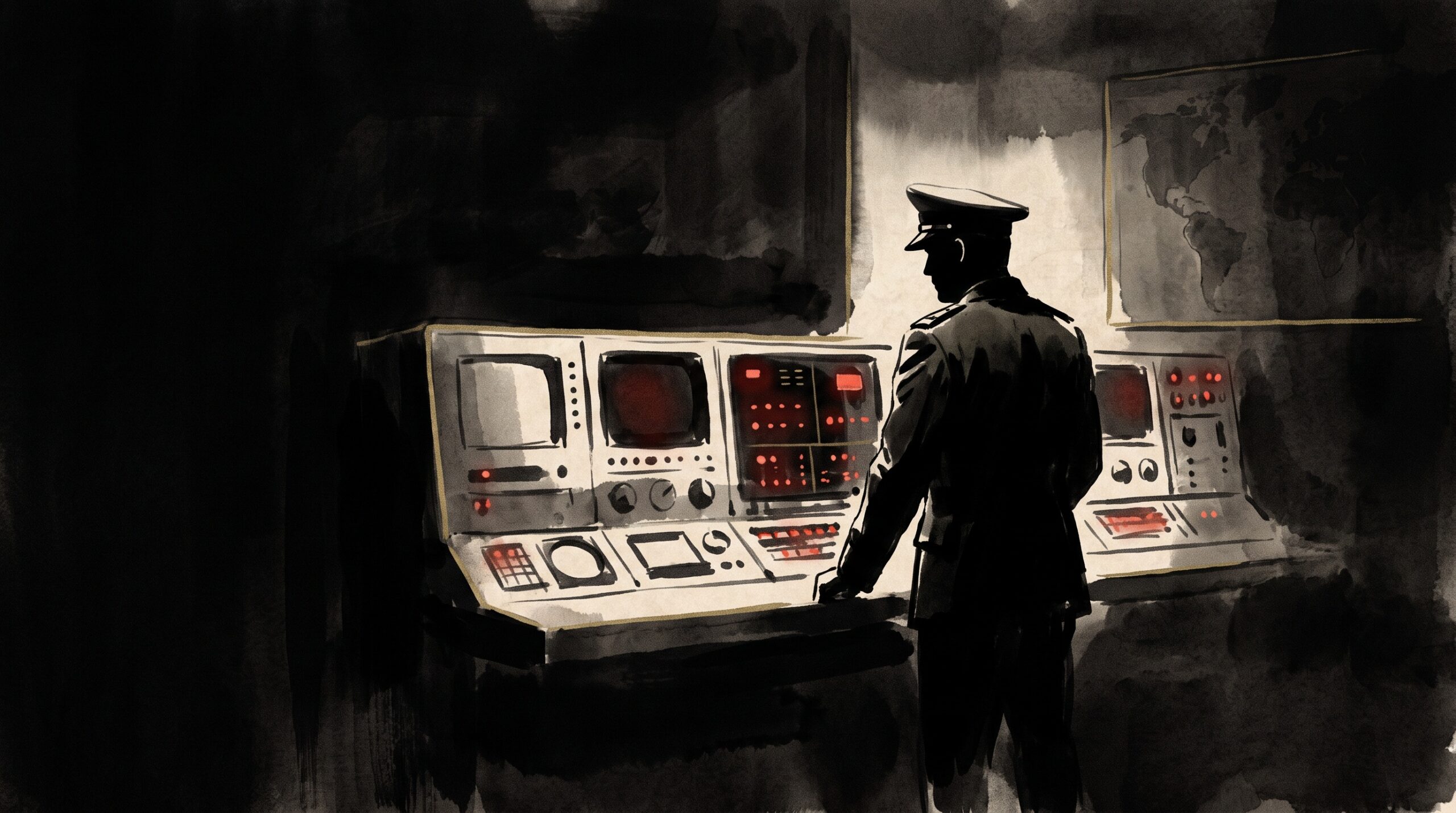 A painterly minimalist scene of a lone officer before glowing warning panels in a dark command bunker