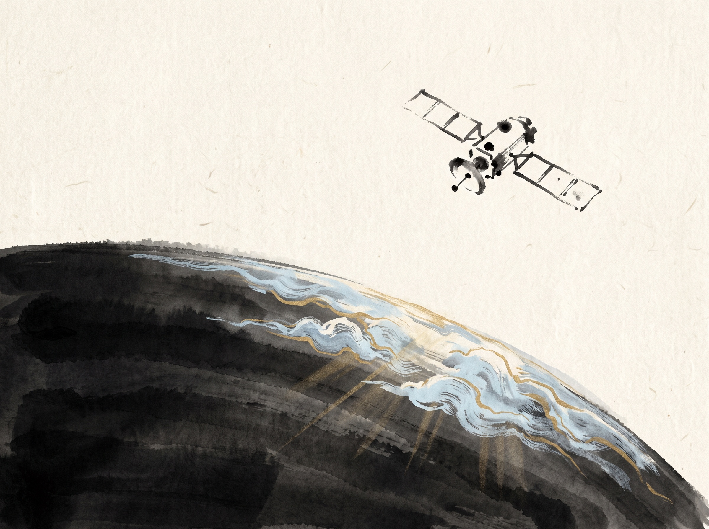 A satellite above a dark curved Earth with sunlight glancing off high-altitude clouds