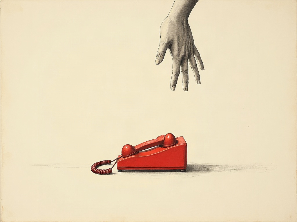 A red telephone in its cradle with a hand hovering near it, not picking it up