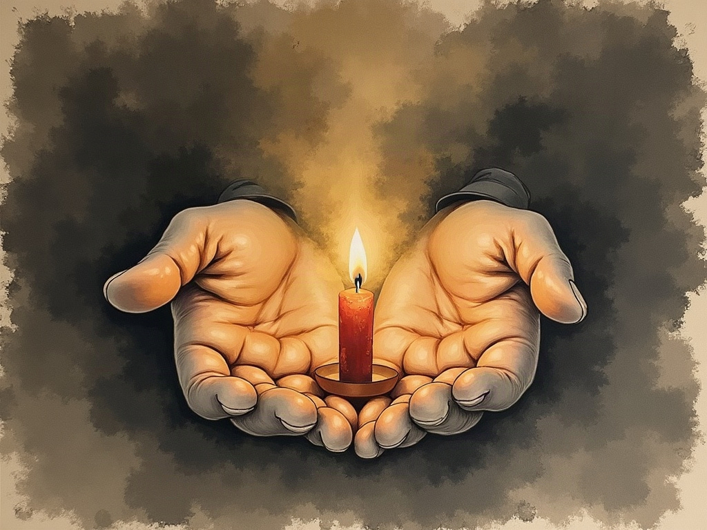 A small light held in open hands against a vast darkness