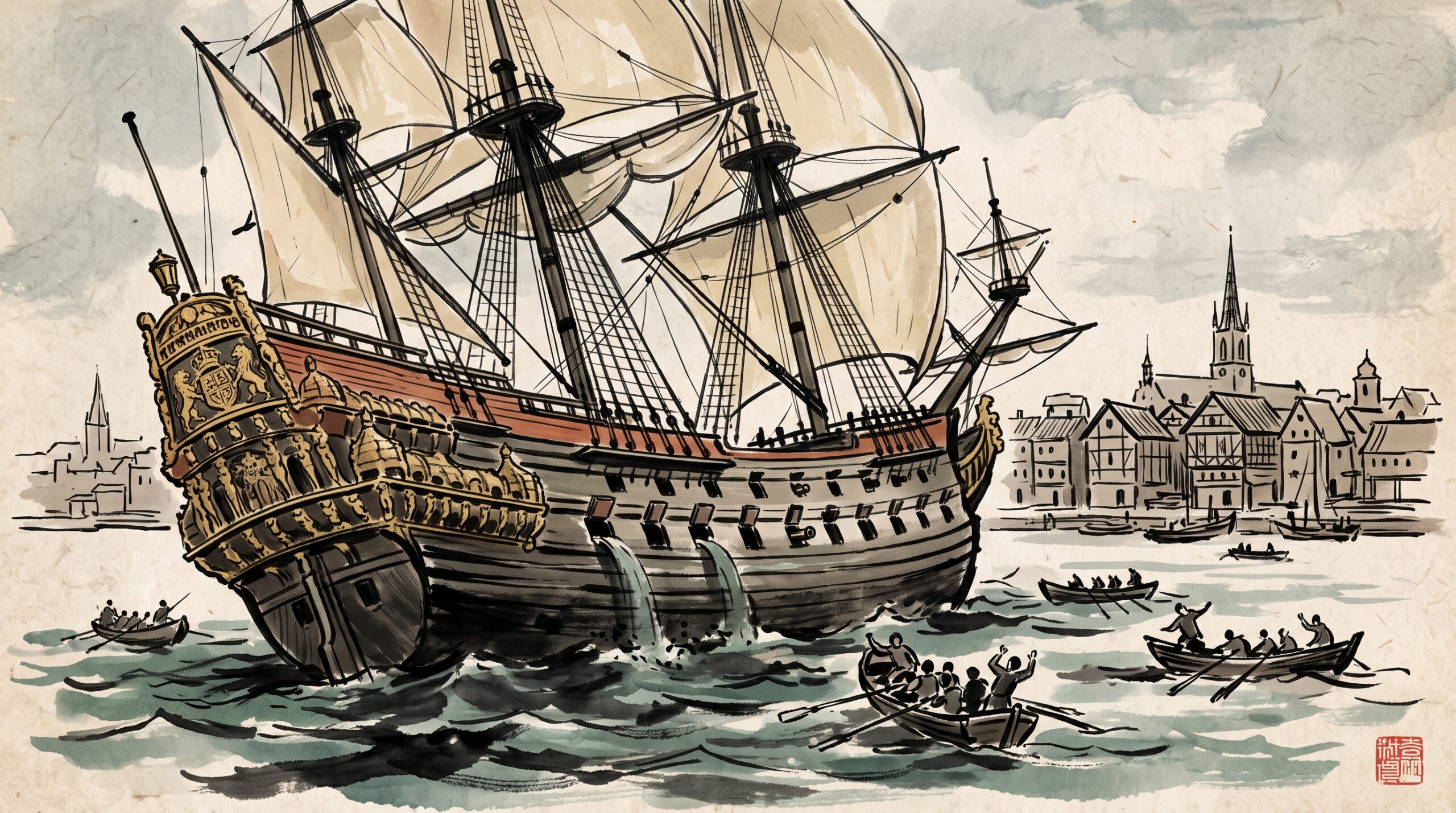A painterly minimalist scene of an ornate 17th-century warship capsizing in a calm harbor