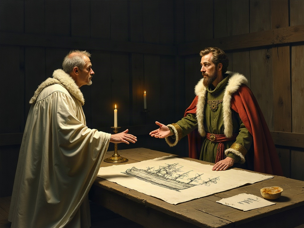 A painterly minimalist scene of a king pressing a shipwright over ship plans by candlelight