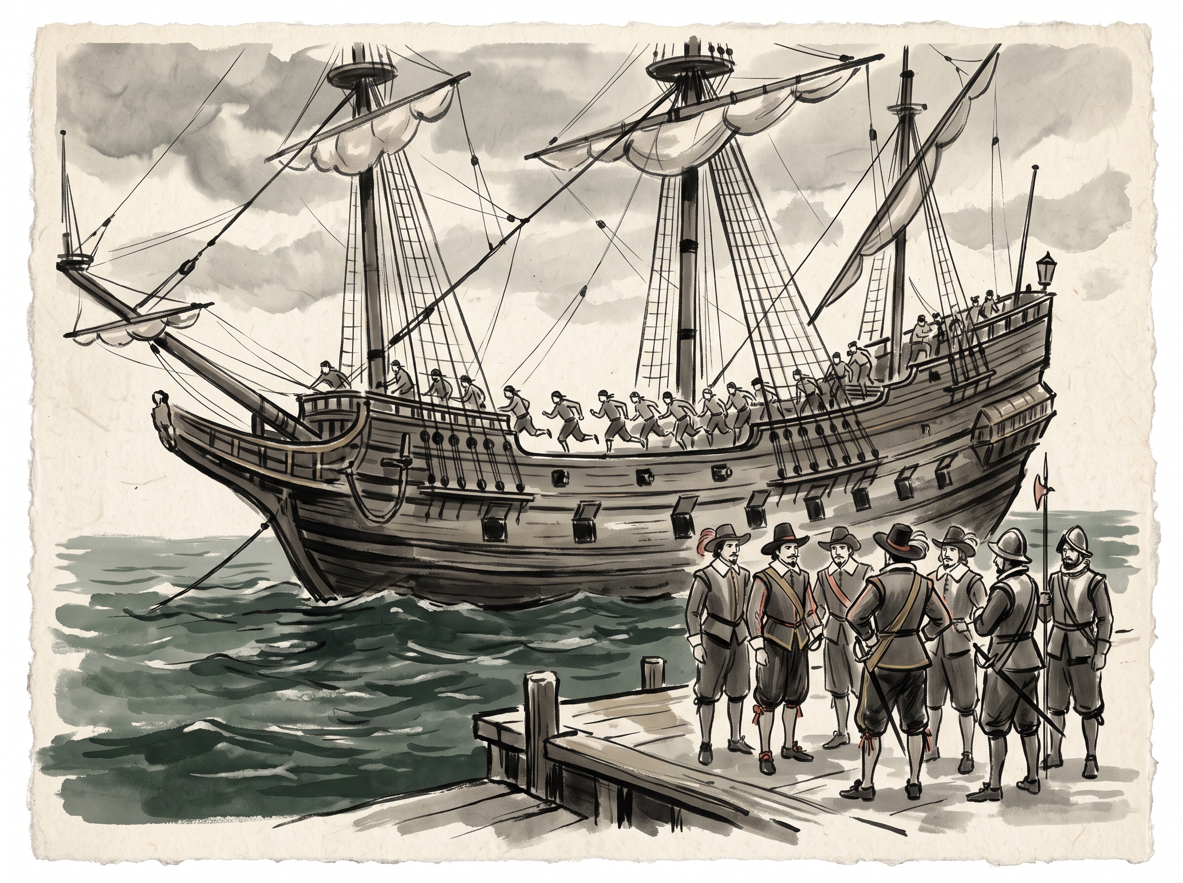 A painterly minimalist scene of sailors running across a ship's deck during a stability test as it rocks
