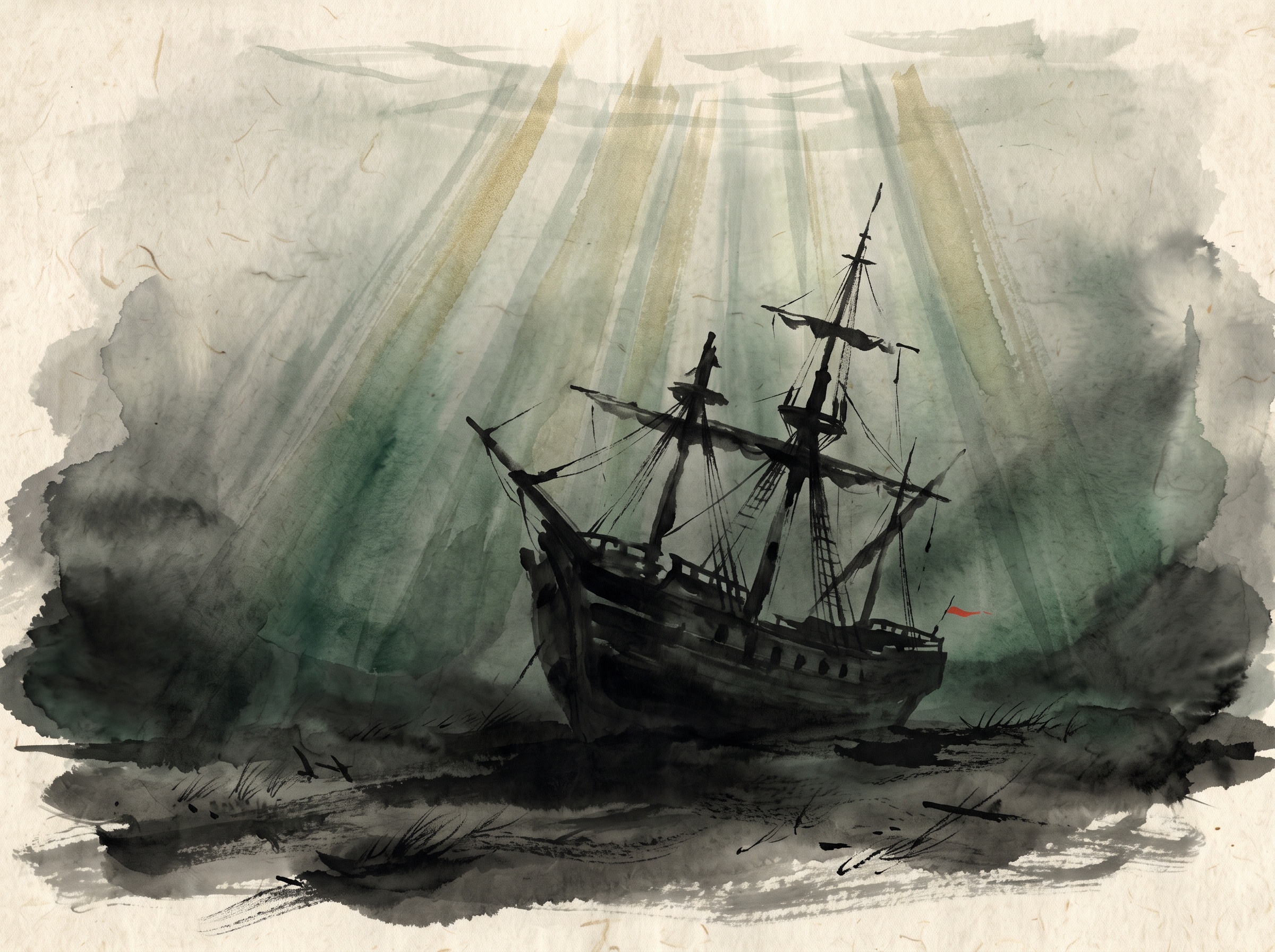 A painterly minimalist scene of a sunken warship resting intact on a dark seabed