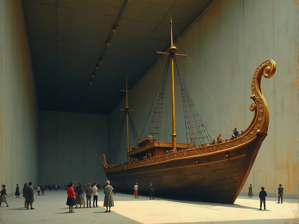 A painterly minimalist scene of a towering restored warship inside a dim museum hall with small visitors below