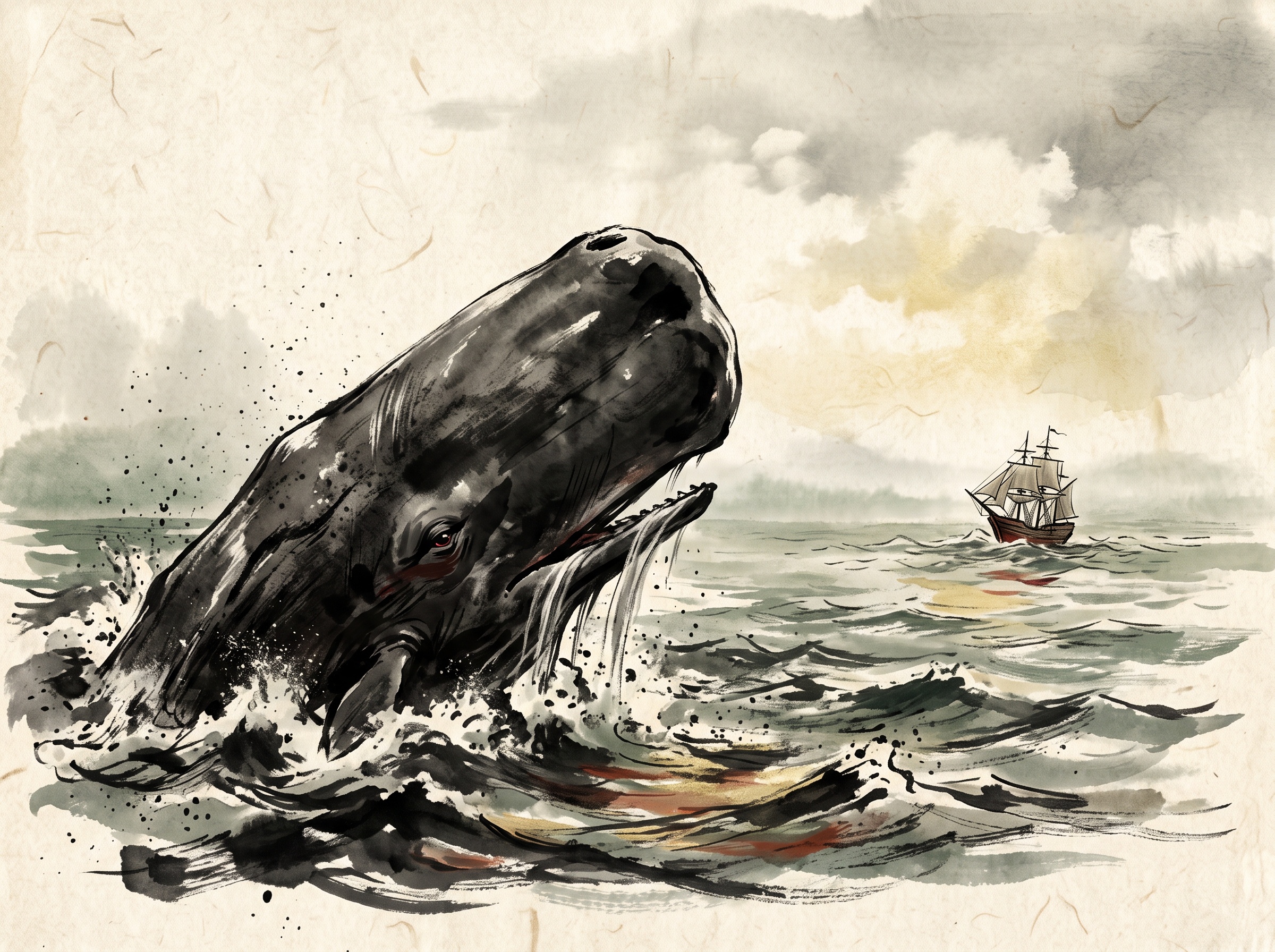 Illustration of the huge blunt head of a sperm whale surfacing and turning deliberately toward a small distant wooden sailing ship