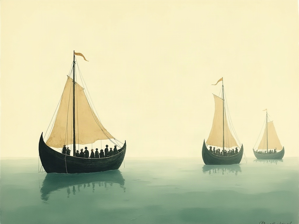 Illustration of three small open whaleboats with tattered sails adrift on an immense empty ocean at dawn, no land in sight