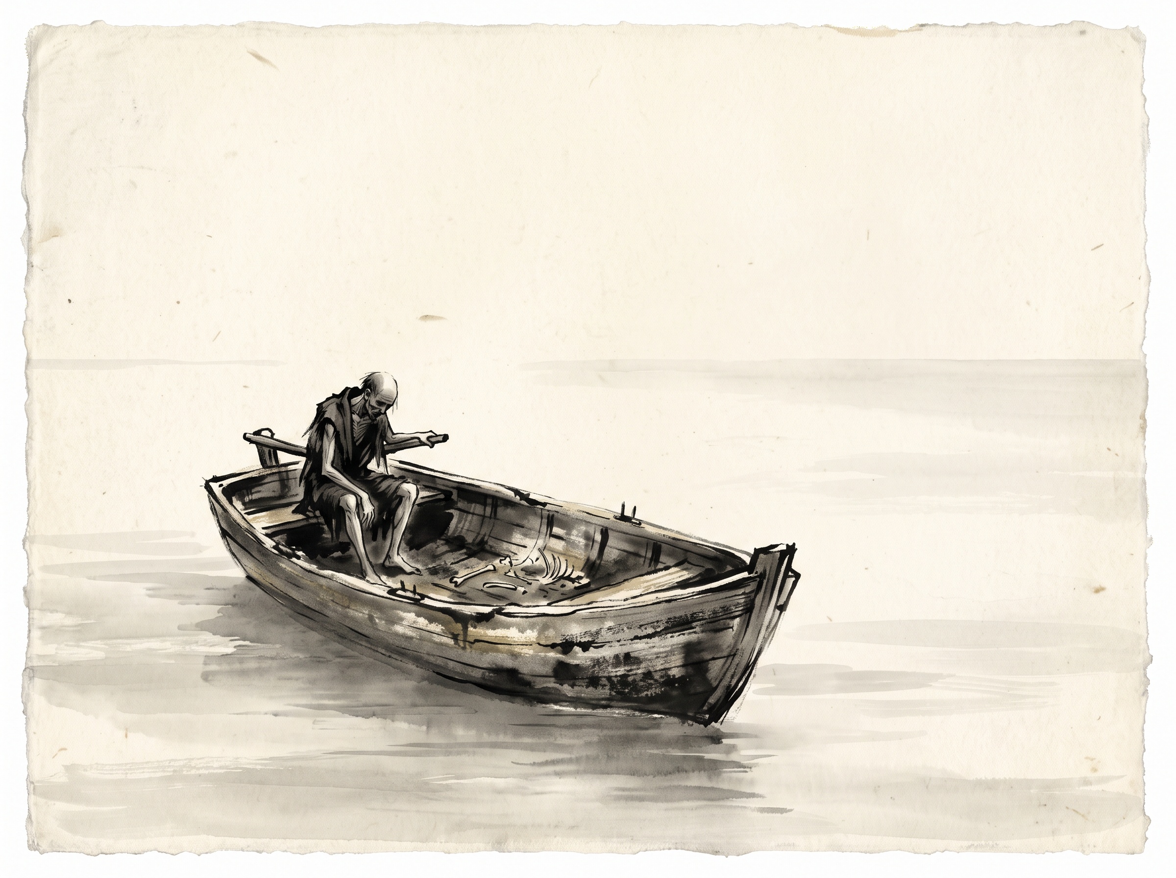 Illustration of a single battered open boat with one gaunt slumped figure beneath a merciless pale sky on a glassy windless sea