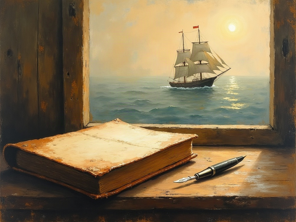 Illustration of an old leather-bound book and a quill pen in warm lamplight, with a faint ghostly whale and sinking ship suggested in the shadows