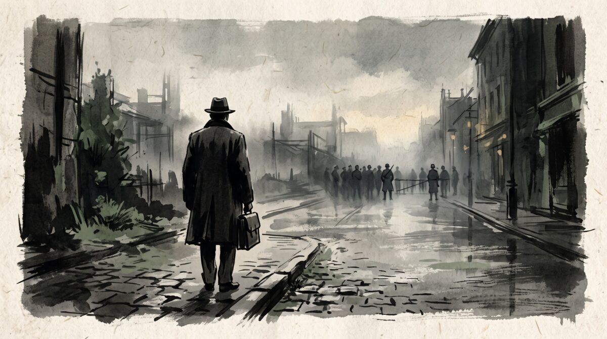 Painterly illustration of a man in a 1940s coat walking alone toward a distant street cordon at dawn