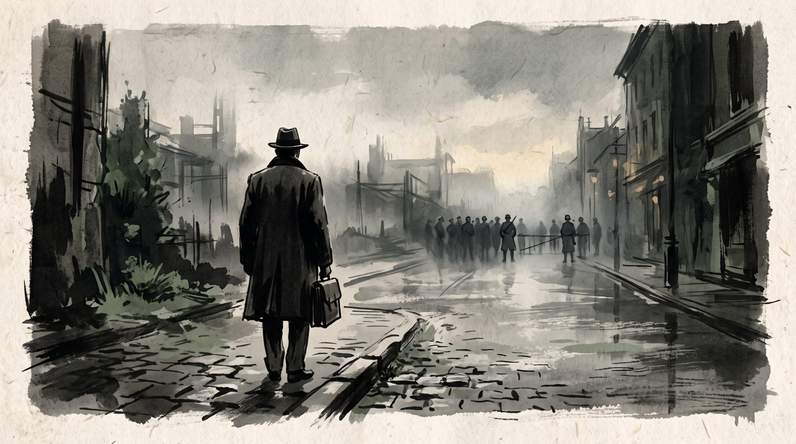 Painterly illustration of a man in a 1940s coat walking alone toward a distant street cordon at dawn