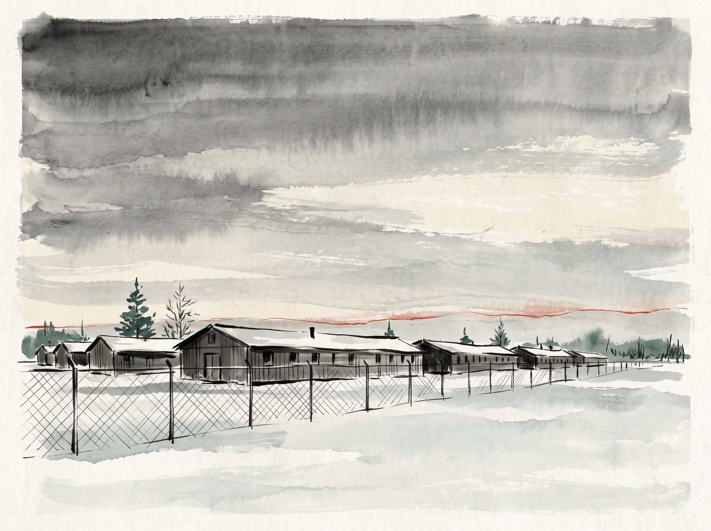 Painterly illustration of distant wooden barracks behind a wire fence under a cold winter sky