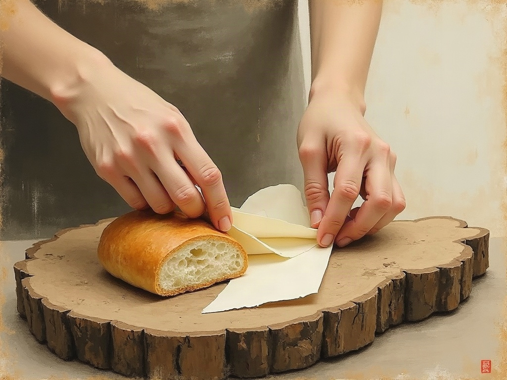Illustration of hands concealing a folded paper message beside a hollowed loaf of bread