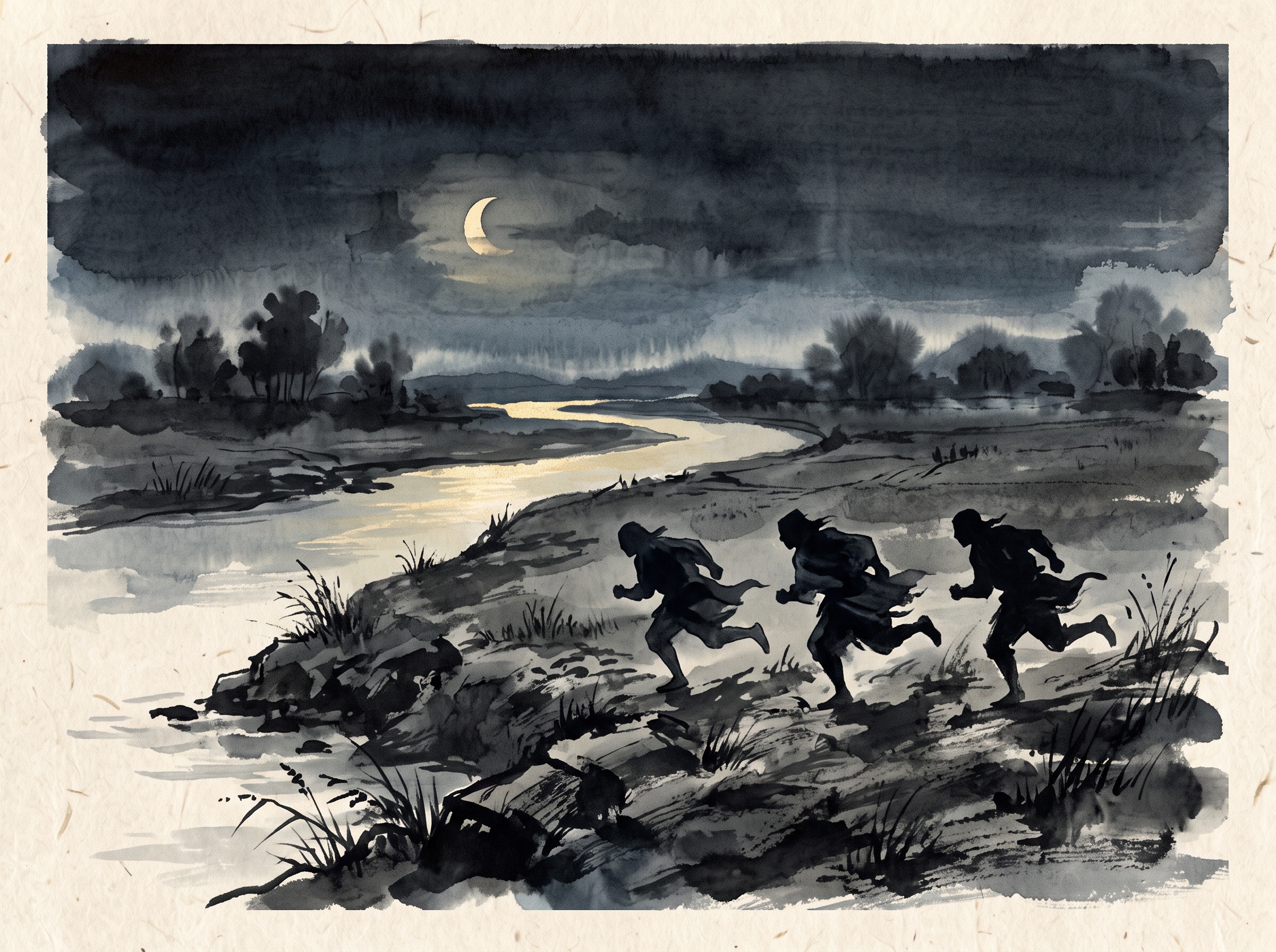 Painterly illustration of three figures fleeing across moonlit fields at night