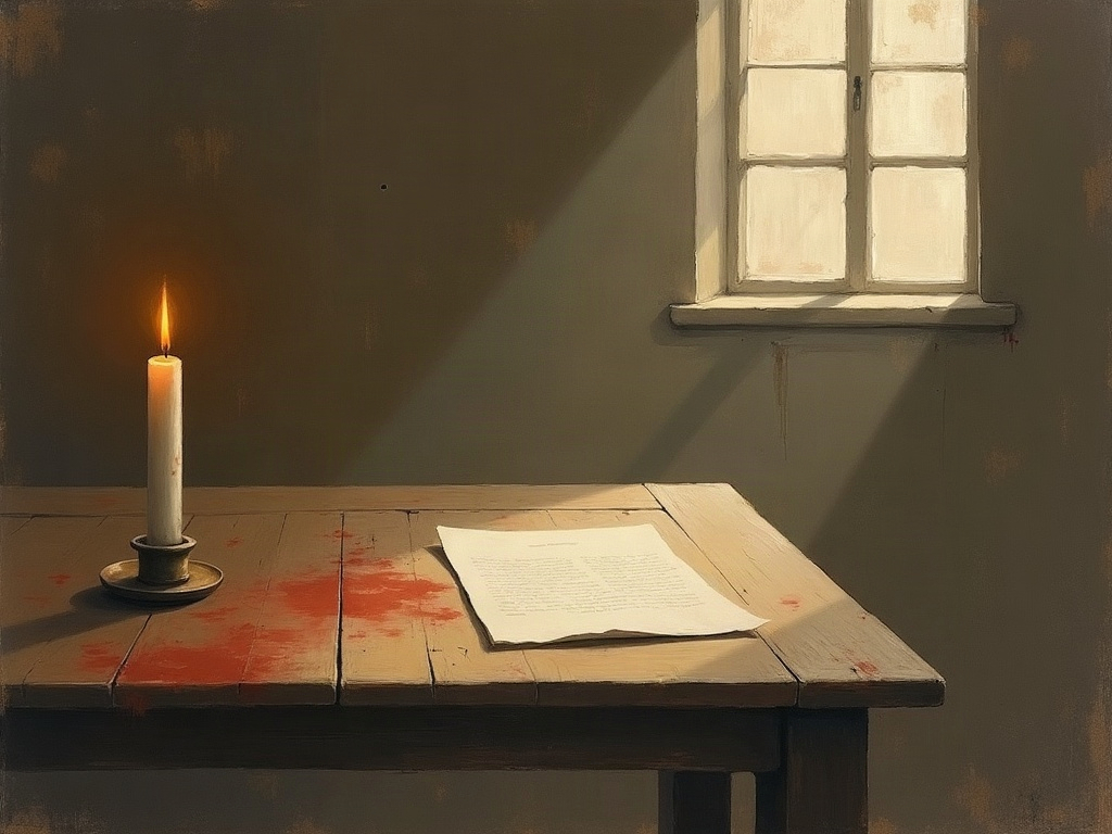 Illustration of a candle and a folded letter on a bare table lit by a high window